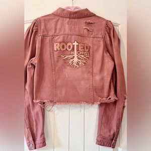 Upcycled Hand Painted ROOTED IN CHRIST Pink Distressed Denim Jacket